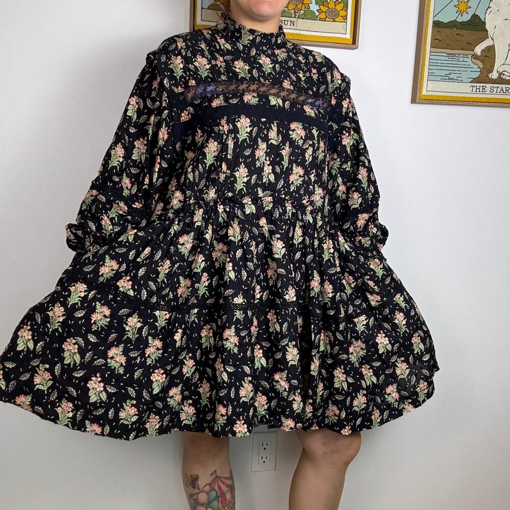 Anthropologie Pilcro black long sleeve floral high neck dress size XL